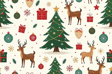 Naklejka premium Christmas greeting card banner with fir and deer on light background. Holiday seamless pattern 