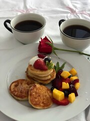 coffee and pancakes, breakfast for two