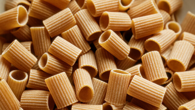 Closeup of uncooked whole grain pasta with ridged texture in a heap, highlighting healthy eating and italian cuisine