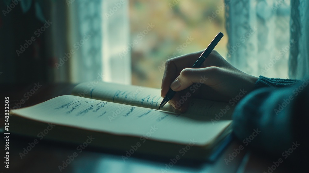Poster hand writing in a notebook near a window