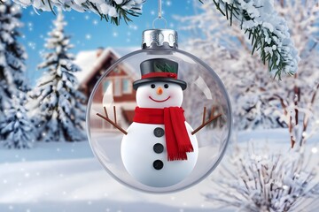 Obraz premium Merry Christmas Winter background snowman inside a bauble snowy landscape festive trees