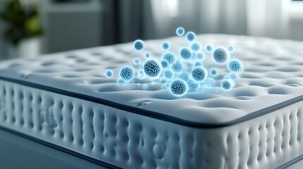 A UV light shines over a mattress, revealing hidden dust mites as glowing specks, highlighting the role of UV light in making invisible mites visible.