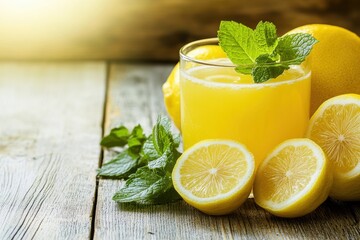 Refreshing lemon juice with fresh mint and sliced lemons on a rustic wooden table during a sunny afternoon
