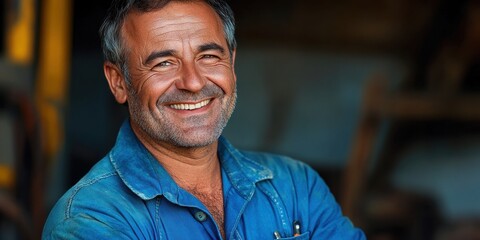 Fototapeta premium A smiling man with rugged features wears a blue shirt and stands with crossed arms in a workshop, highlighting his cheerful personality and experience