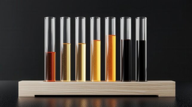 Scientific test tube rack with a variety of liquids, [row , read , reading material], [science and education]