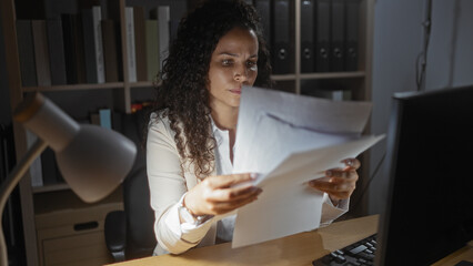 Hispanic woman with curly hair reading documents in an office at night.
