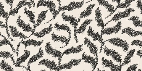 Hand drawn leaf floral seamless pattern in scribble or doodle style. Design for fabric, wrapping, cover, wall art, decoration.