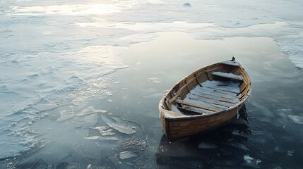 Obraz premium Wooden Boat Trapped in Frozen Lake Symbolizing Stillness and Immobilization of Extreme Cold