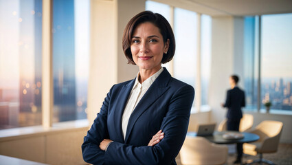 Bellissima donna d'affari di 45 anni in un ufficio luminoso con vestito elegante