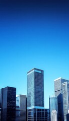 Fototapeta premium Modern Metropolis Glass and Steel Towers Soar Against a Vibrant Blue Sky in Busy Downtown