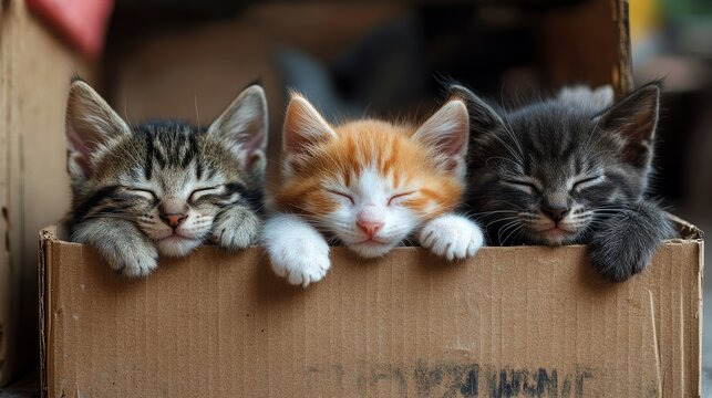 Three kittens sleeping next to each other inside a simple, slightly worn cardboard box. concept of the problem of homeless animals, the need for proper care, shelter and love for homeless and abandone