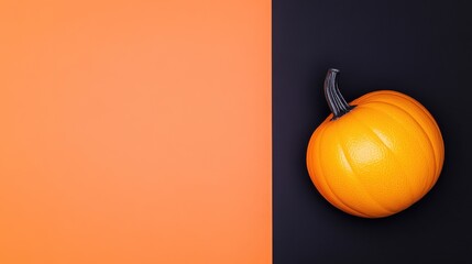 A vibrant orange pumpkin rests on a contrasting black background, symbolizing autumn and Halloween...