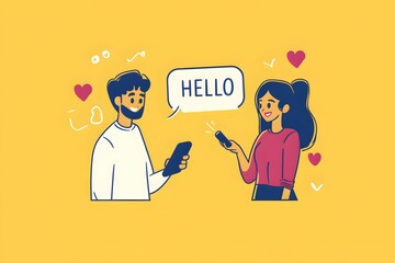A cheerful illustration showing a man and woman exchanging greetings via smartphones, highlighted with hearts on a bright yellow background.