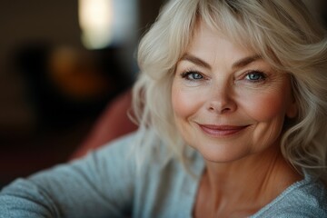 Fototapeta premium Portrait of a beautiful senior woman, with a smile on her face, blonde hair, sitting at home, looking into the camera. 