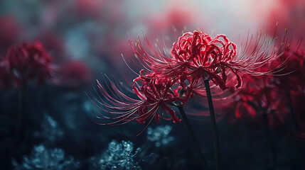  A beautiful close-up of red spider lilies in bloom, captured with a soft focus effect