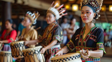 Woman in Traditional Dress Plays a Drum in a Group