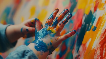 Obraz premium Cheerful young child finger painting on a canvas with colorful paint smudges on their hands and clothes fully immersed in the creative process and learning through sensory