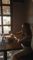 A contemplative young woman sits alone in a dimly lit modern cafe, enjoying her water and gourmet meal.