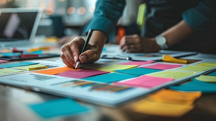 Fototapeta premium A person writes on colorful sticky notes arranged on a table, promoting brainstorming and planning in a collaborative workspace.
