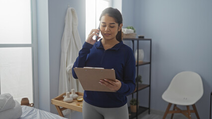 Woman talking on phone while reviewing clipboard in modern spa room setting with natural light and...