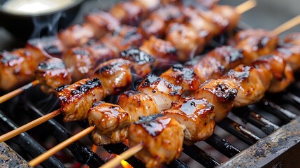 Juicy grilled skewers of marinated meat, perfectly charred and arranged on a barbecue grill, exuding a delicious smoky aroma.