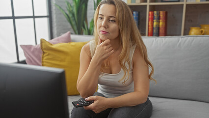 Fototapeta premium A contemplative young woman sits on a sofa holding a remote in a cozy living room with books in the background.