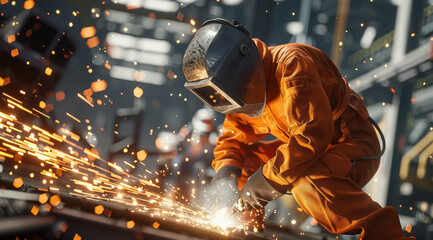 A skilled welder in an orange jumpsuit crafts metal sparks at a busy industrial site during daytime, showcasing precision and dedication to the craft