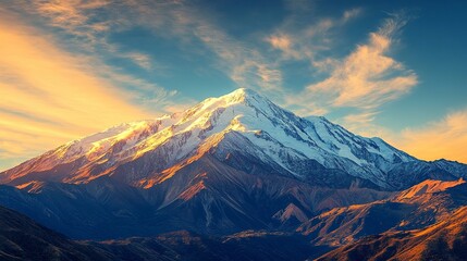 A majestic snow-capped mountain range bathed in the golden light of sunrise, with a clear blue sky and wispy clouds, real photo, stock photography