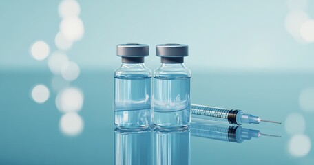  Two vials of clear liquid and two syringes on a glass surface, against a light blue background, captured in macro photography. 