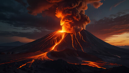 Fototapeta premium dramatic scene of a volcano erupting, with molten lava spewing from the crater, ash clouds billowing into the sky, and fiery magma flowing down the mountainside
