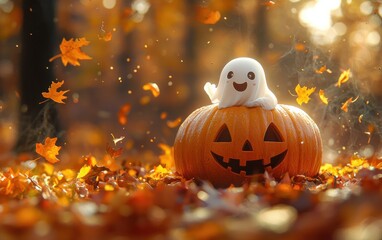 Happy Ghost Sitting on a Pumpkin in Autumn Leaves