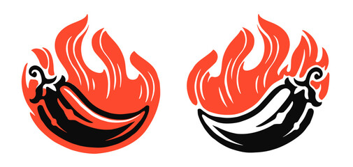 Red chili pepper and fire emblem symbol. Spice food logo icon vector illustration