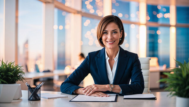 Bellissima donna d'affari di 45 anni seduta ad una scrivania di un ufficio luminoso con vestito elegante