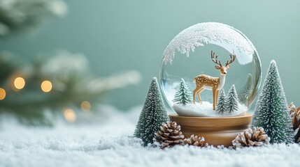  a snow globe with deer and Christmas trees inside on a light blue background, with copy space for text.