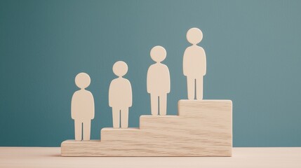 A wooden staircase with four minimalist figures symbolizing personal growth and progress in a calm indoor environment