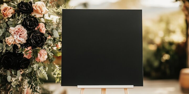 Blank canvas on an easel beside a floral arrangement featuring roses and greenery in a serene outdoor setting during daylight - Powered by Adobe