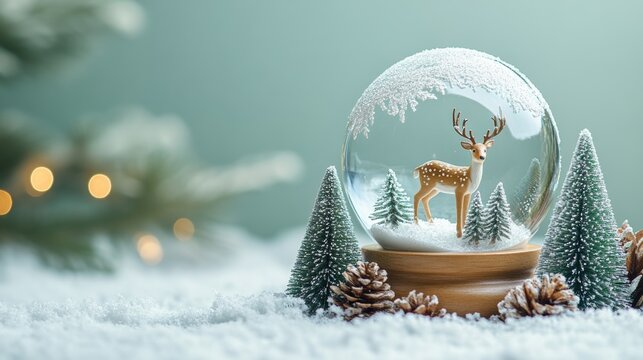  a snow globe with deer and Christmas trees inside on a light blue background, with copy space for text.