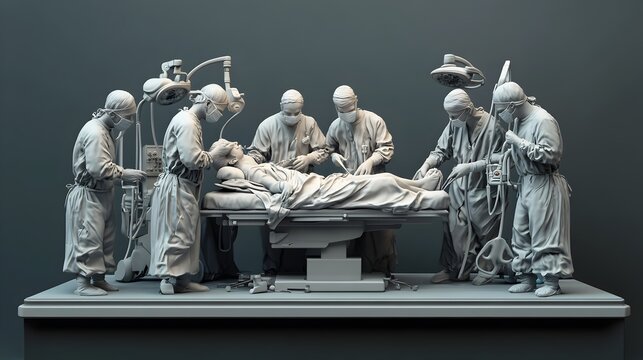 A team of skilled medical professionals carefully conducting a complex surgical procedure on a patient lying on an operating table utilizing specialized medical instruments and equipment in a sterile