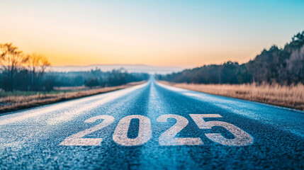A road with the number "2025" written on it, with a landscape background
