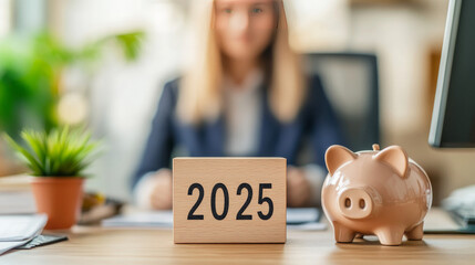 A wooden block with the numbers "2025" is placed on top of an office desk, beside it there's a piggy bank. The background features a blurred white woman in her late thirties.  Business, finance, inves