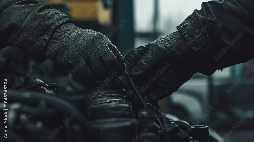Poster closeup of gloved hands working on an engine