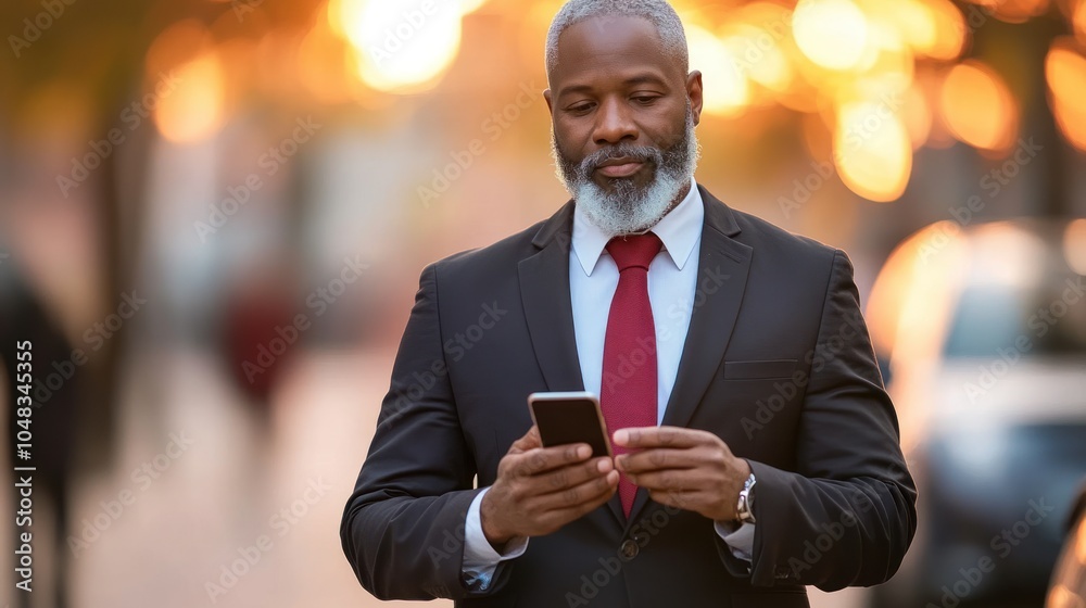 Poster a man in a suit uses a smartphone while walking
