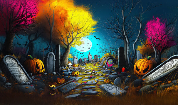 A colorful cartoon illustration of a a cemetery on Halloween night with skeletons emerging from the graves with a bright moonlight, hyper-realistic pop art, colorful street scene, detailed character d