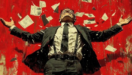 Fototapeta premium A man in a suit lies on the ground with arms outstretched, surrounded by falling papers, against a vibrant red background.
