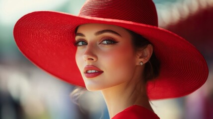 A woman wearing a red hat and red dress. She has red lipstick and is smiling
