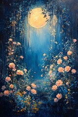 Fototapeta premium A serene moonlit garden filled with blossoming roses under a tranquil night sky evoking peace and reflection