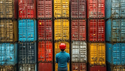 Fototapeta premium A worker stands in front of a vibrant wall of shipping containers, showcasing a mix of colors and patterns against an industrial backdrop.