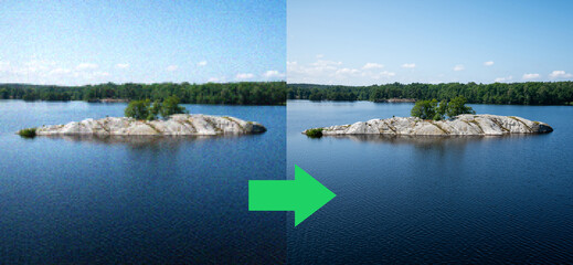 Concept of AI image upscaling restoration technology - pixelated noisy picture of a landscape with island on the left, and the the enhanced (restored) version on the right
