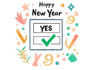 Checklist with "Happy New Year" text, green check mark next to "Yes", conceptual image for design and advertising projects	
