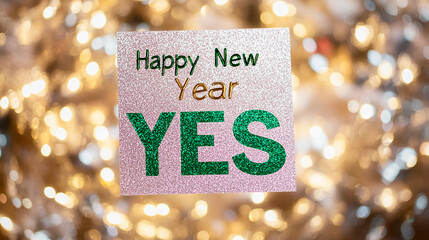 Checklist with "Happy New Year" text, green check mark next to "Yes", conceptual image for design and advertising projects	
